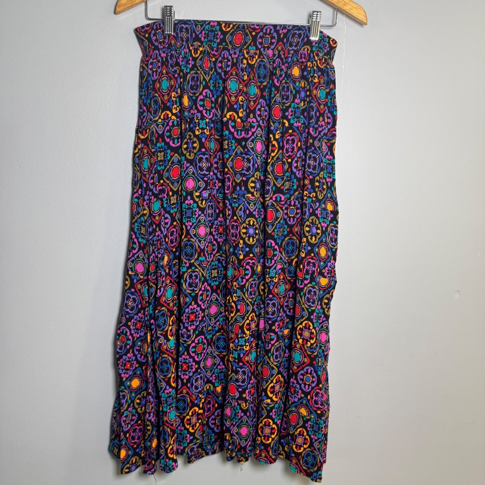 Vintage Passports Pier 1 Imports Rayon Geometric Maxi Skirt Medium Black Multi